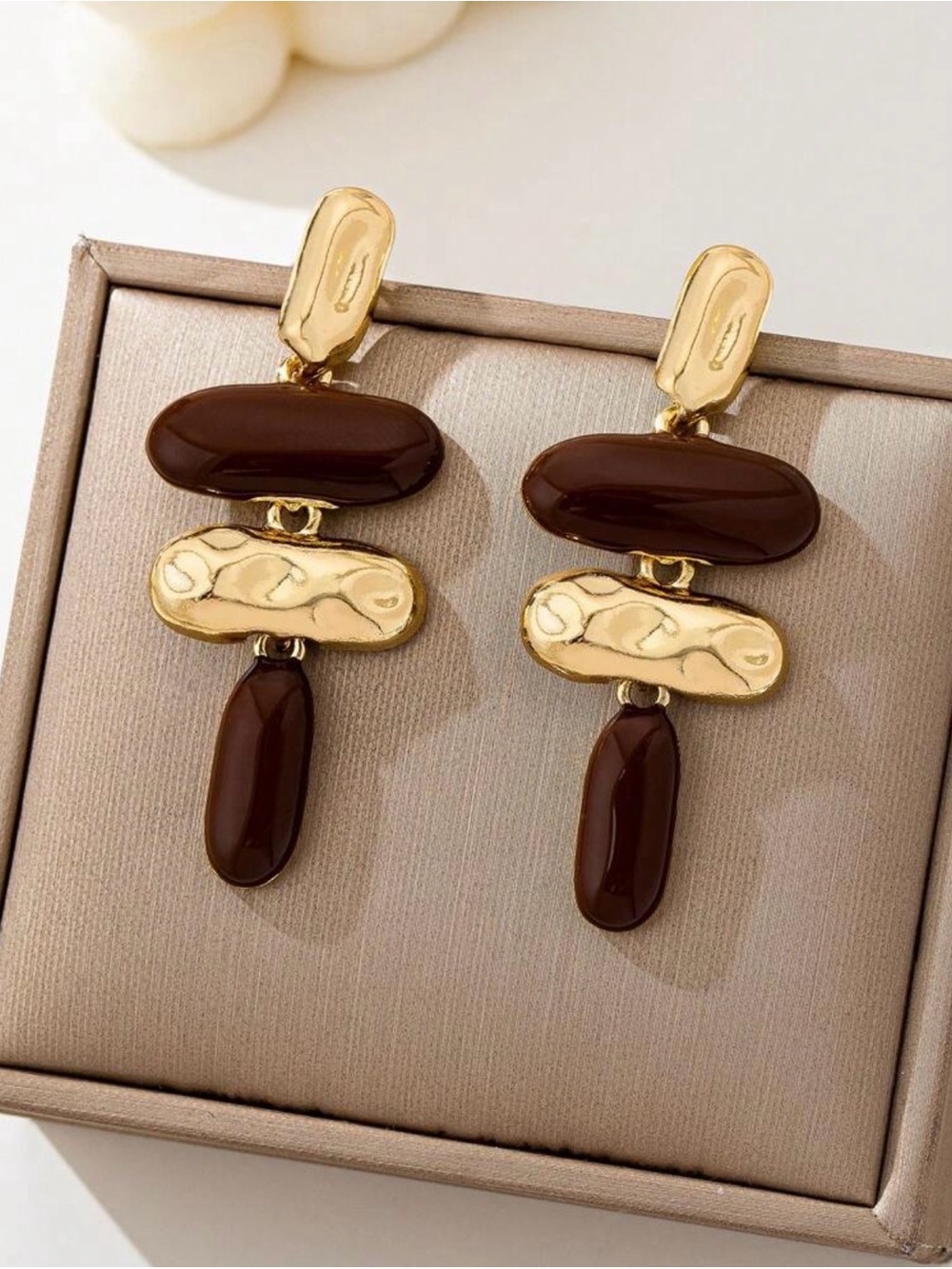 Gold and Brown Resin Drop Earrings